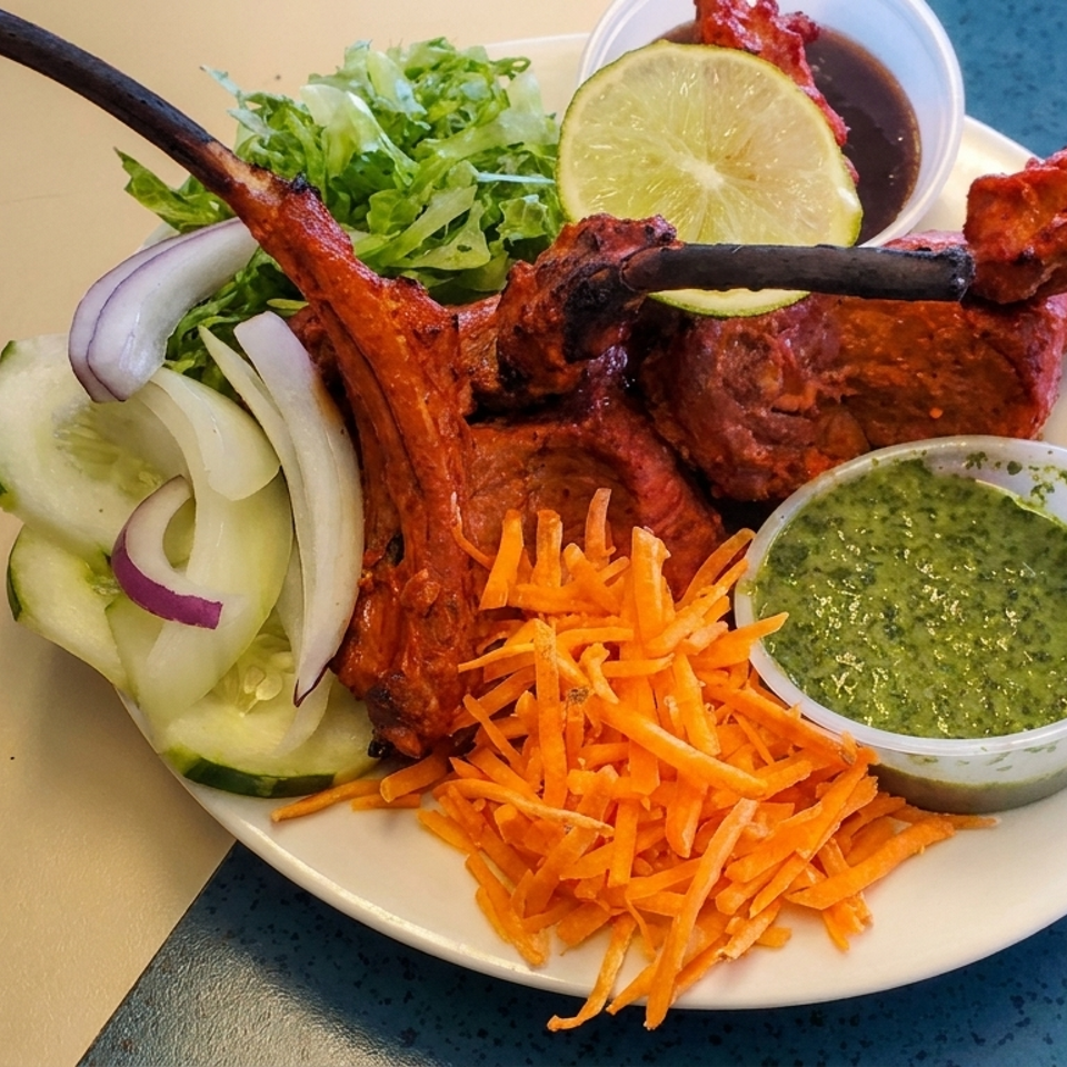 Plate of grilled red-marinated meat skewers with cucumber, onion, lettuce, shredded carrots, lime, and green sauce.