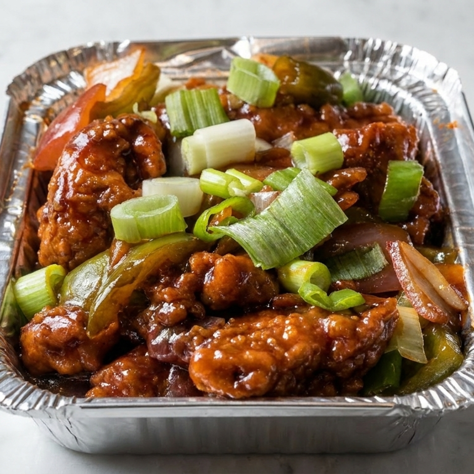 Glazed fried chicken with bell peppers, onions, and scallions in a foil takeout tray on marble.
