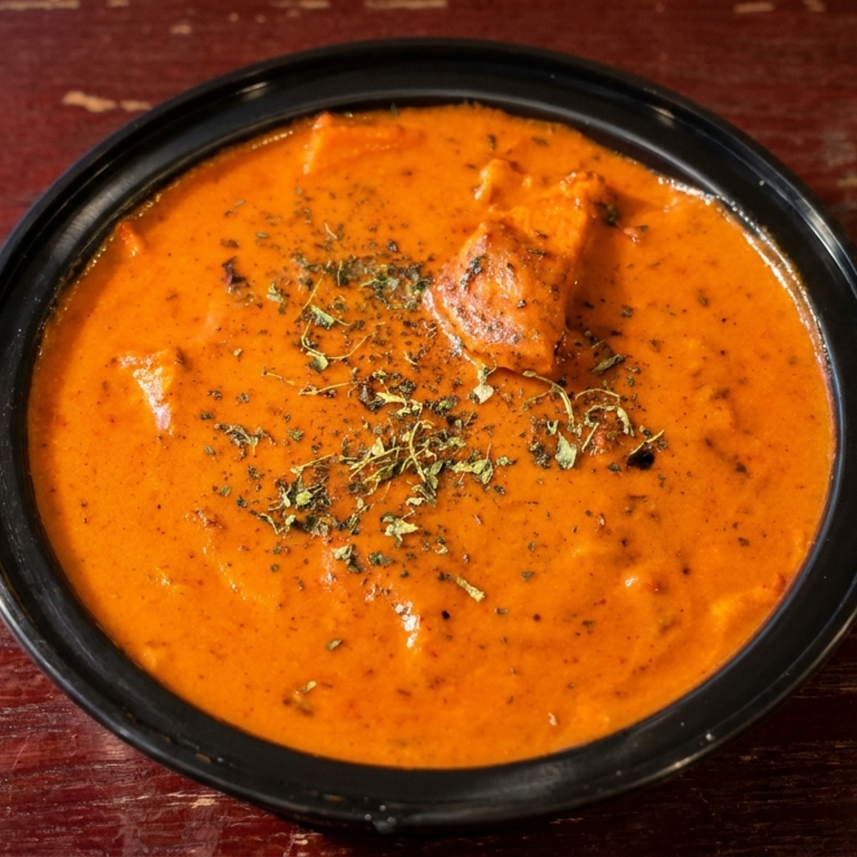 Creamy orange curry garnished with dried herbs in a black bowl on a rustic wooden table.