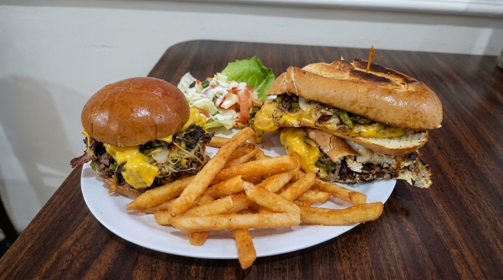 Burger and fries, late