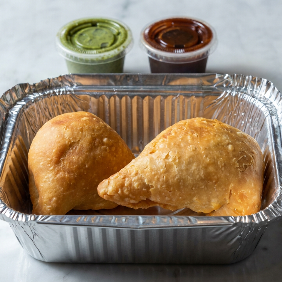 Two golden fried pastries in a foil takeout tray with green and brown dipping sauces on a marble surface.