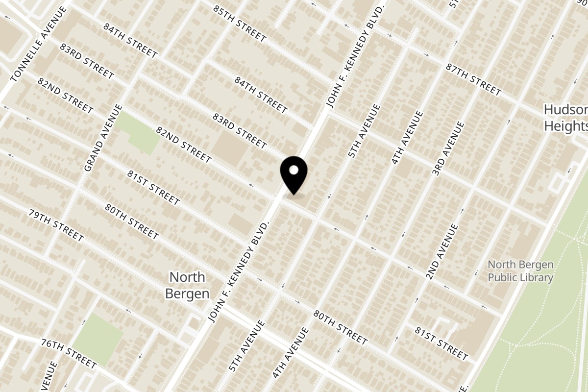 Map showing the location of The Crossroad Cuisine on 8206 John F. Kennedy Blvd in North Bergen